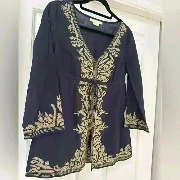 Michael Kors Taupe and‎ Navy Bohemian Style Embroidered Lightweight Cotton Tunic - Picture 2 of 4